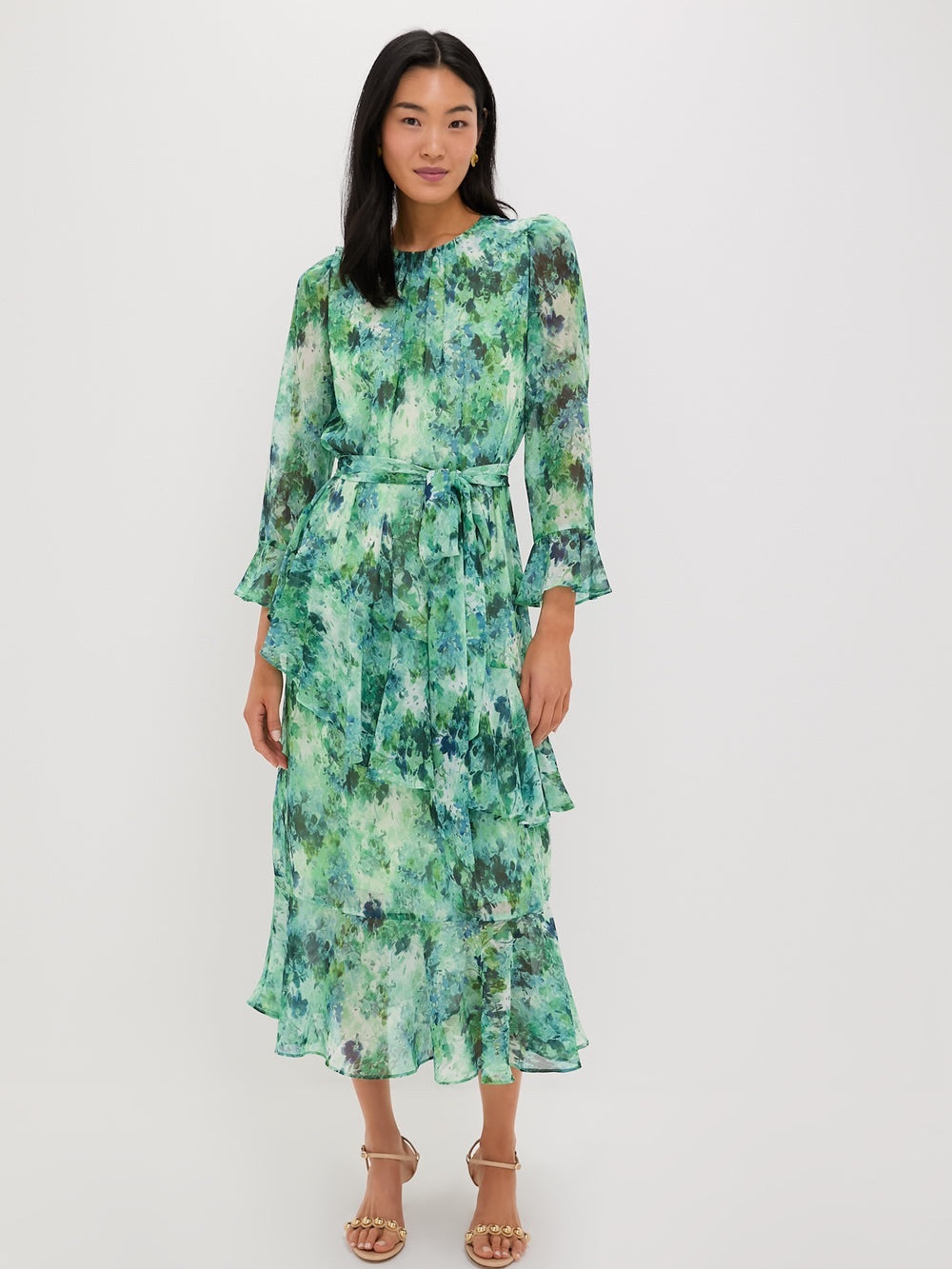 Tuckernuck Green Watercolor Tie-Waist Midi Dress MEDIUM